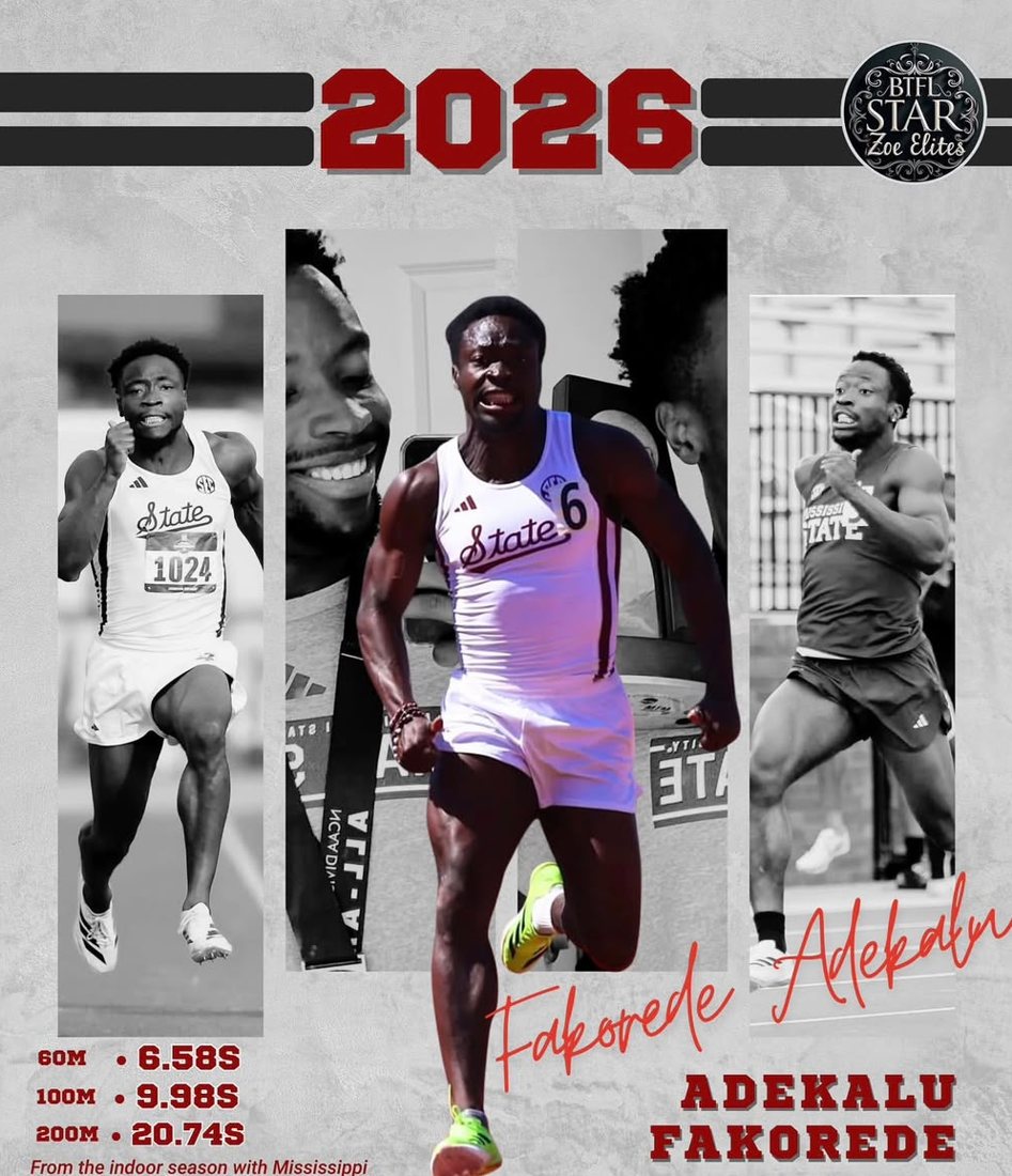 Adekalu Fakorede sprinting in a Mississippi State kit