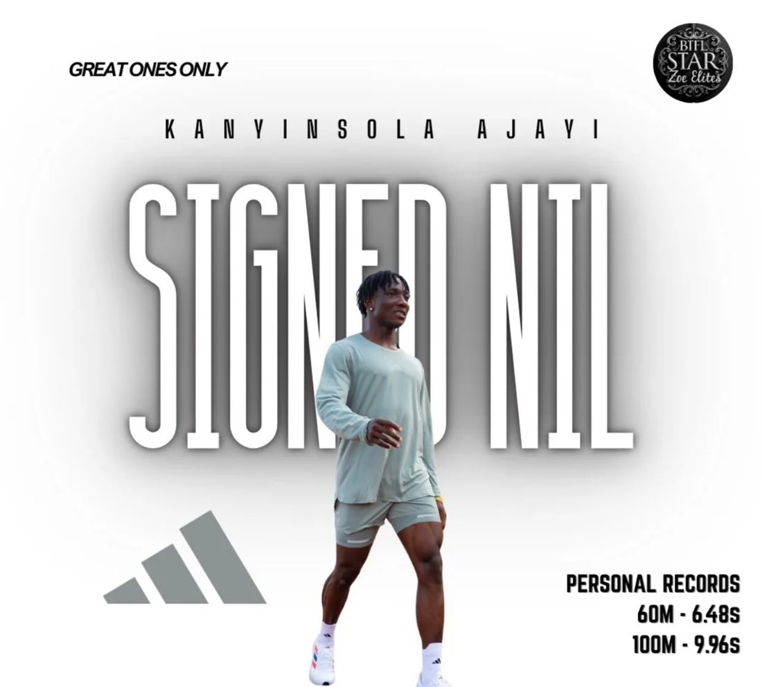 Kanyinsola Ajayi walking, with Signed NIL and the Adidas logo