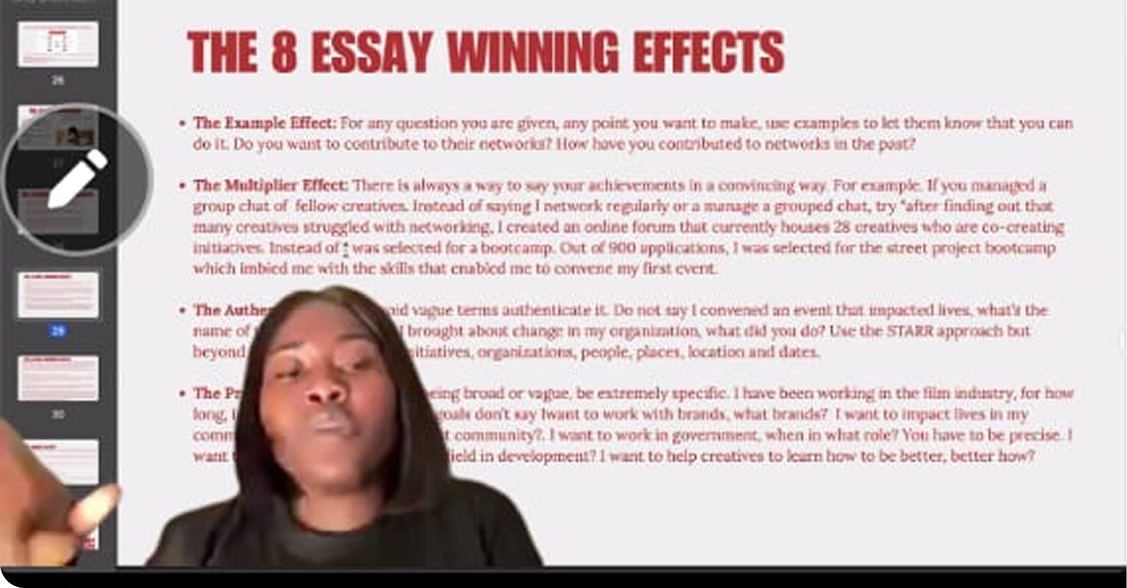 Online masterclass slide titled The 8 Essay Winning Effects, with the presenter on camera