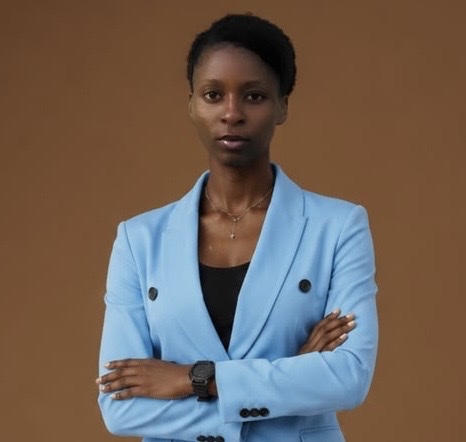 Comfort Balogun in a light blue blazer with arms crossed